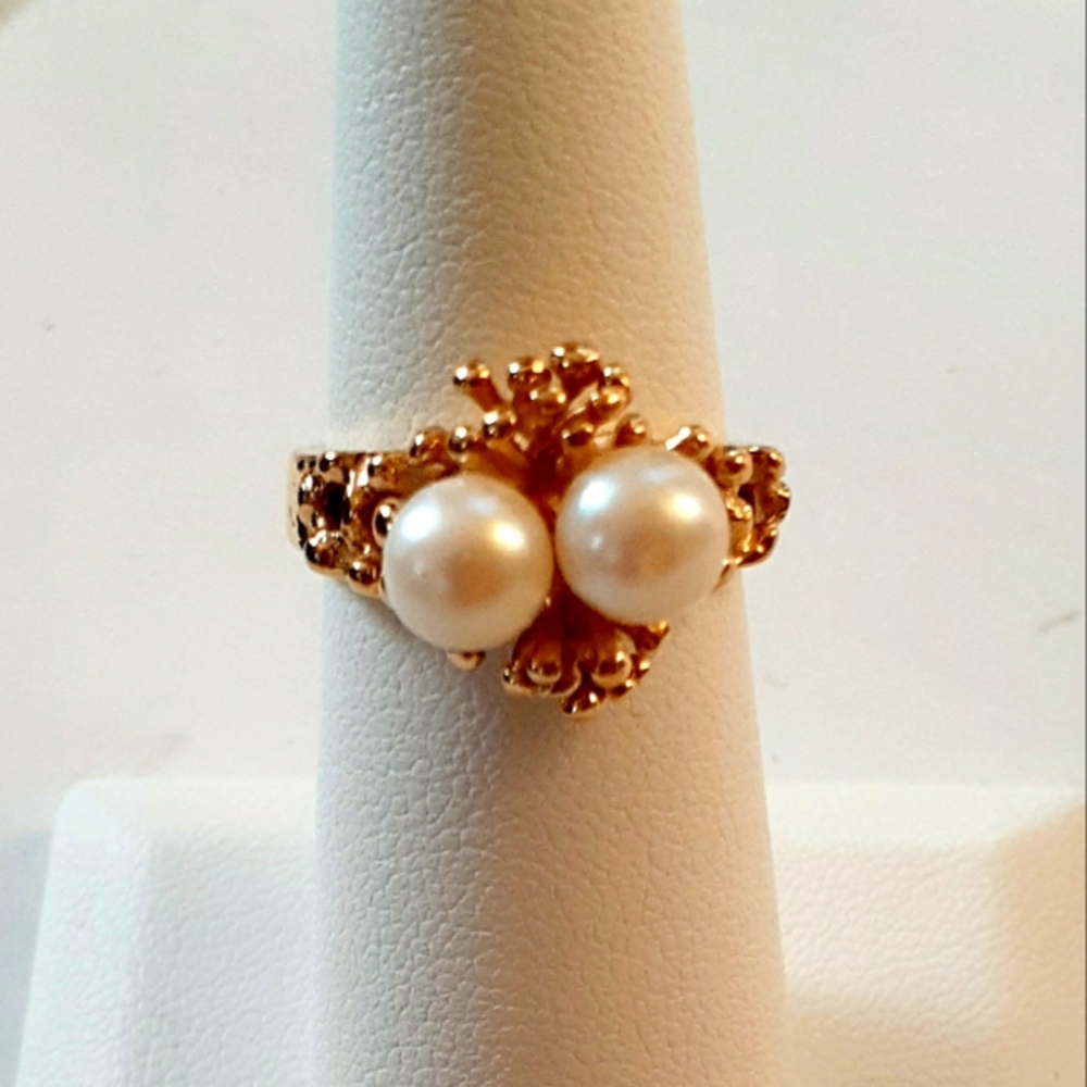 Ladies 18K Gold Electroplate Double Pearl Ring